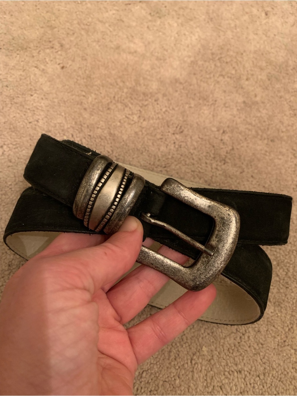Vintage Black Suede Belt with Antiqued Silver Buckle